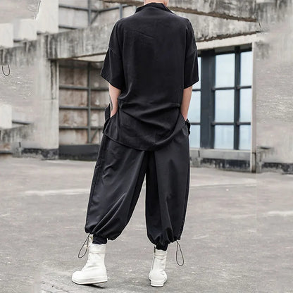 Japanese Stylish Retro Harajuku Button Blouses Men's Five-point Sleeve Small Stand Collar Loose Large Size Korean Shirt