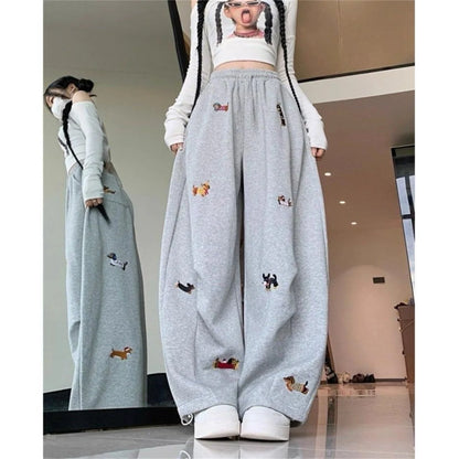 Women's Sausage Dog Embroidered Fashion Loose Trousers 2026 Summer New High Street Casual Pants Comfortable Straight Sweatpants