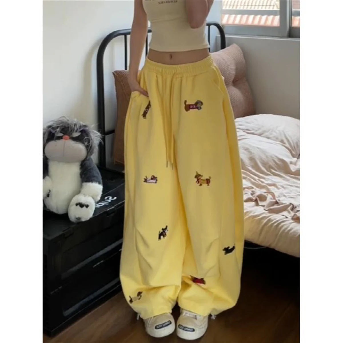 Women's Sausage Dog Embroidered Fashion Loose Trousers 2026 Summer New High Street Casual Pants Comfortable Straight Sweatpants