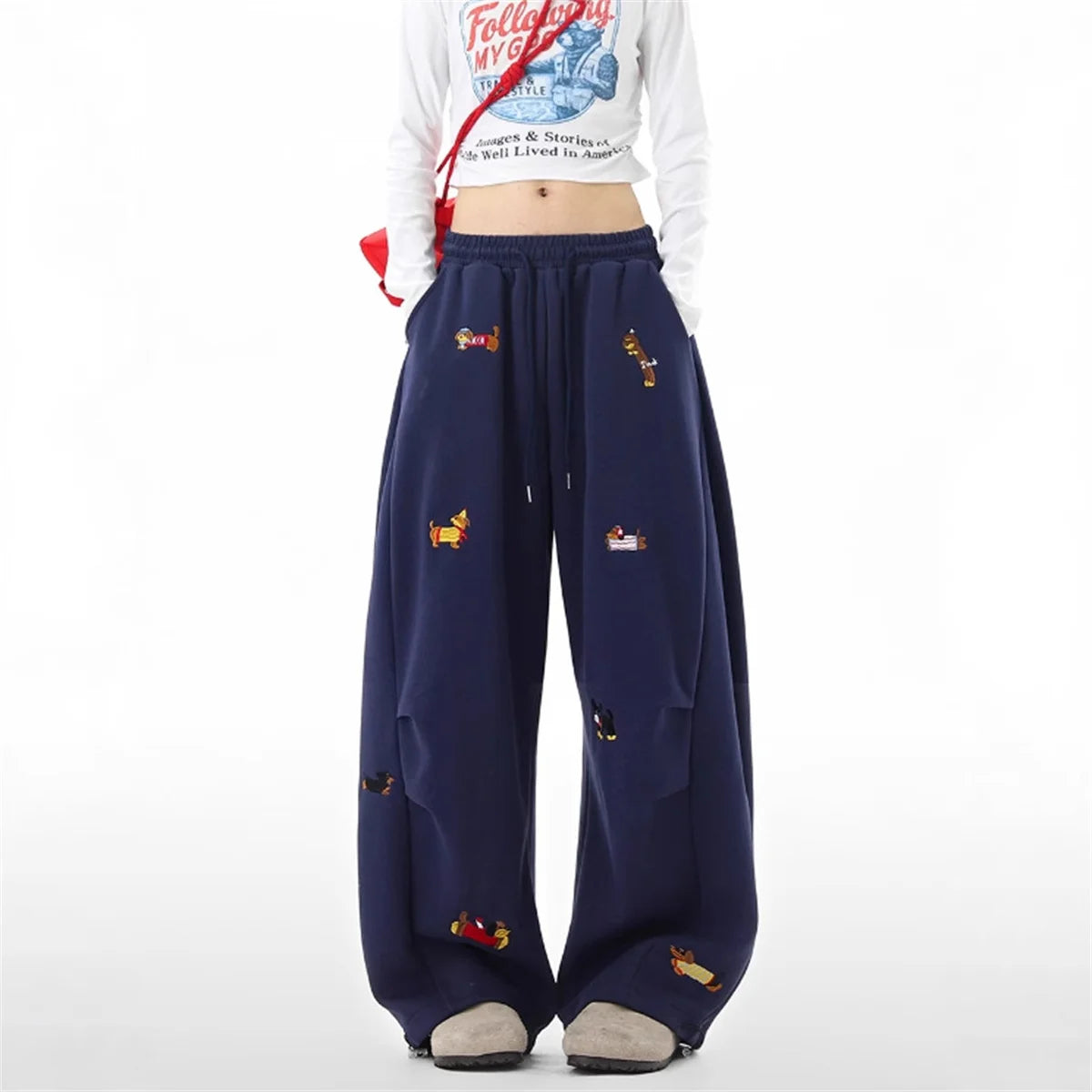 Women's Sausage Dog Embroidered Fashion Loose Trousers 2026 Summer New High Street Casual Pants Comfortable Straight Sweatpants