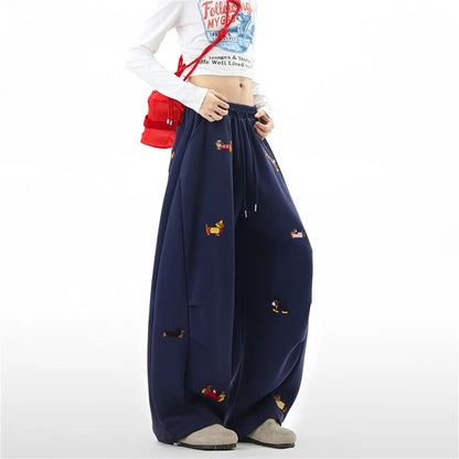 Women's Sausage Dog Embroidered Fashion Loose Trousers 2026 Summer New High Street Casual Pants Comfortable Straight Sweatpants