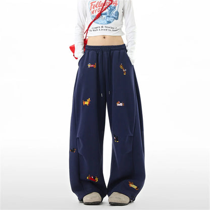 Women's Sausage Dog Embroidered Fashion Loose Trousers 2026 Summer New High Street Casual Pants Comfortable Straight Sweatpants