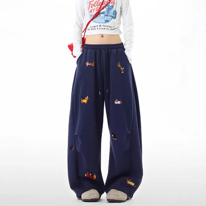Women's Sausage Dog Embroidered Fashion Loose Trousers 2026 Summer New High Street Casual Pants Comfortable Straight Sweatpants