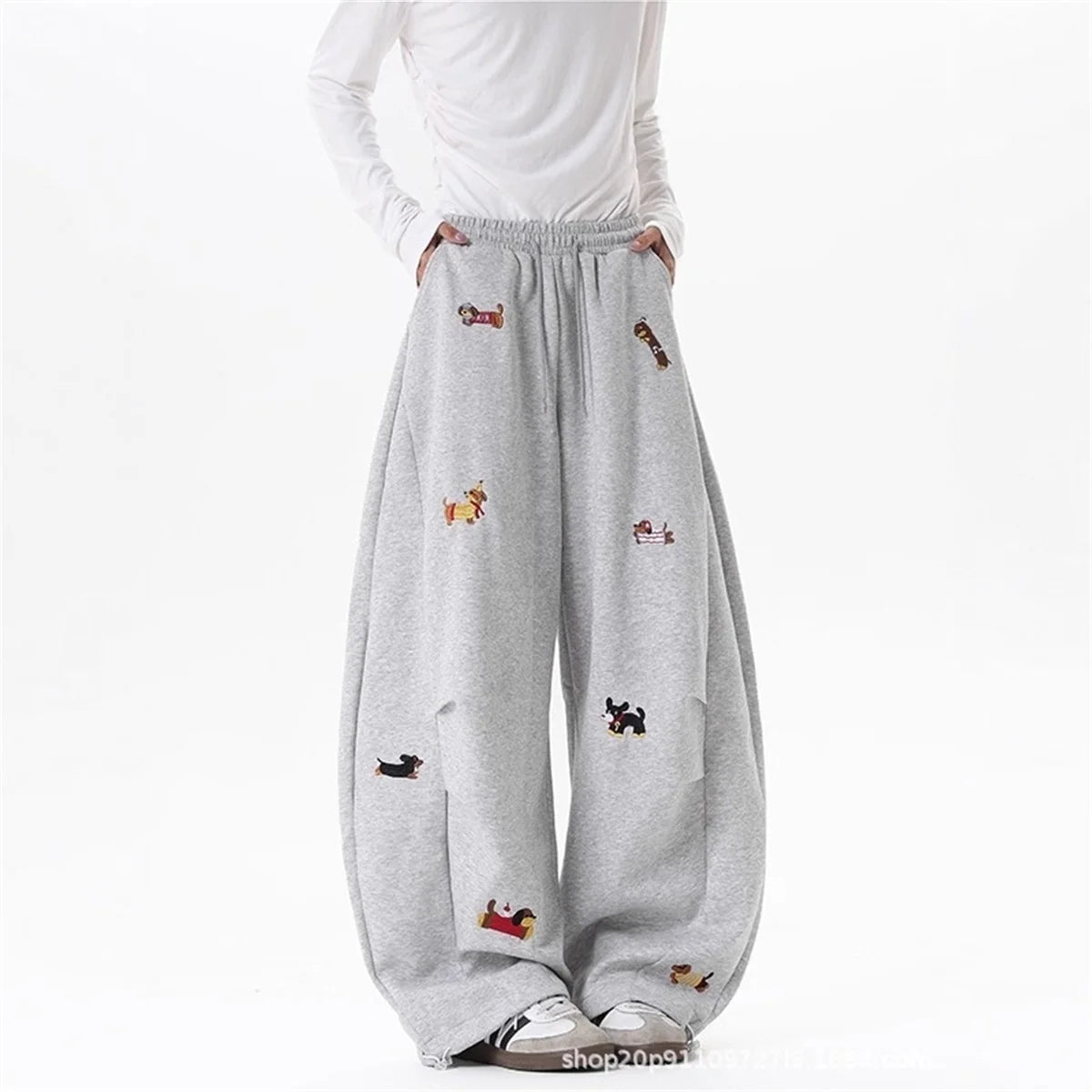 Women's Sausage Dog Embroidered Fashion Loose Trousers 2026 Summer New High Street Casual Pants Comfortable Straight Sweatpants