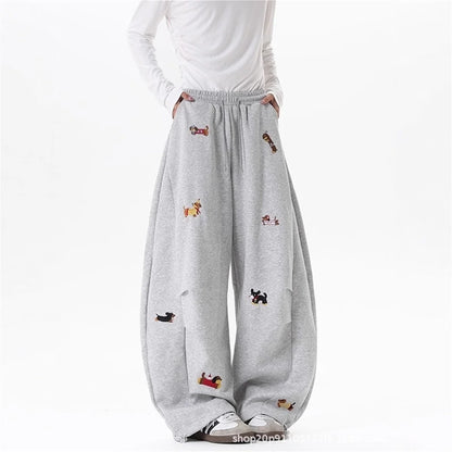 Women's Sausage Dog Embroidered Fashion Loose Trousers 2026 Summer New High Street Casual Pants Comfortable Straight Sweatpants