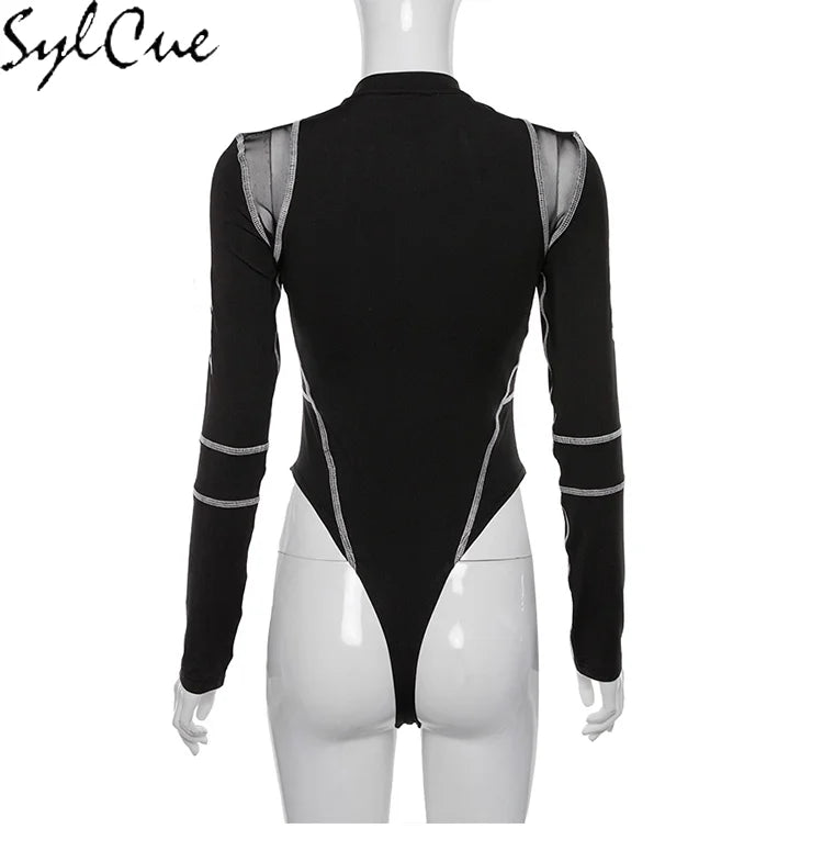 Sylcue Mesh Colorblock Half Turtleneck Bottoming Shirt Letter Print Topstitching Long Sleeve T-Shirt All-match One Piece Women