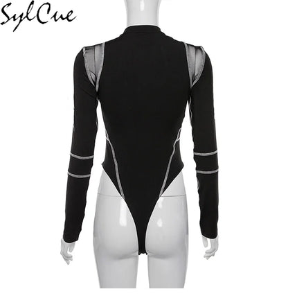 Sylcue Mesh Colorblock Half Turtleneck Bottoming Shirt Letter Print Topstitching Long Sleeve T-Shirt All-match One Piece Women