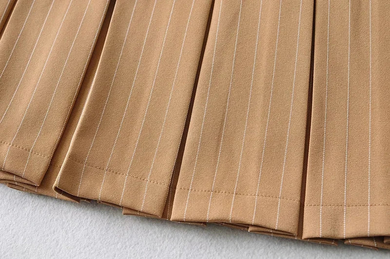 WOMENGAGA Women High Rise Pleated Striped Mini Skirt England Style Mini Skirt With Belt Loops korean women hot sexy 3HML