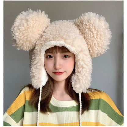 Women Winter Thicken Plush Warm Earflap Hat Cute Bear Ears Windproof Beanie Cap with drawstring Chin Strap