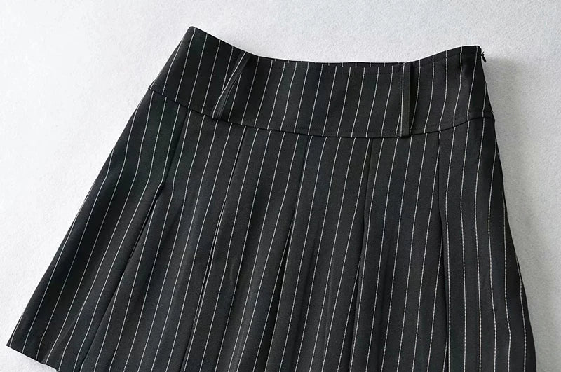 WOMENGAGA Women High Rise Pleated Striped Mini Skirt England Style Mini Skirt With Belt Loops korean women hot sexy 3HML