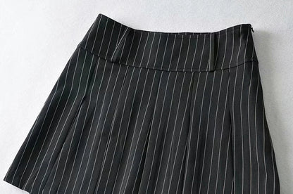 WOMENGAGA Women High Rise Pleated Striped Mini Skirt England Style Mini Skirt With Belt Loops korean women hot sexy 3HML