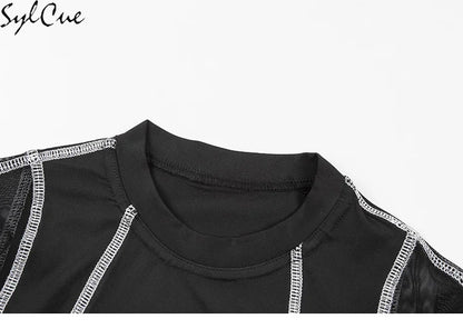 Sylcue Mesh Colorblock Half Turtleneck Bottoming Shirt Letter Print Topstitching Long Sleeve T-Shirt All-match One Piece Women