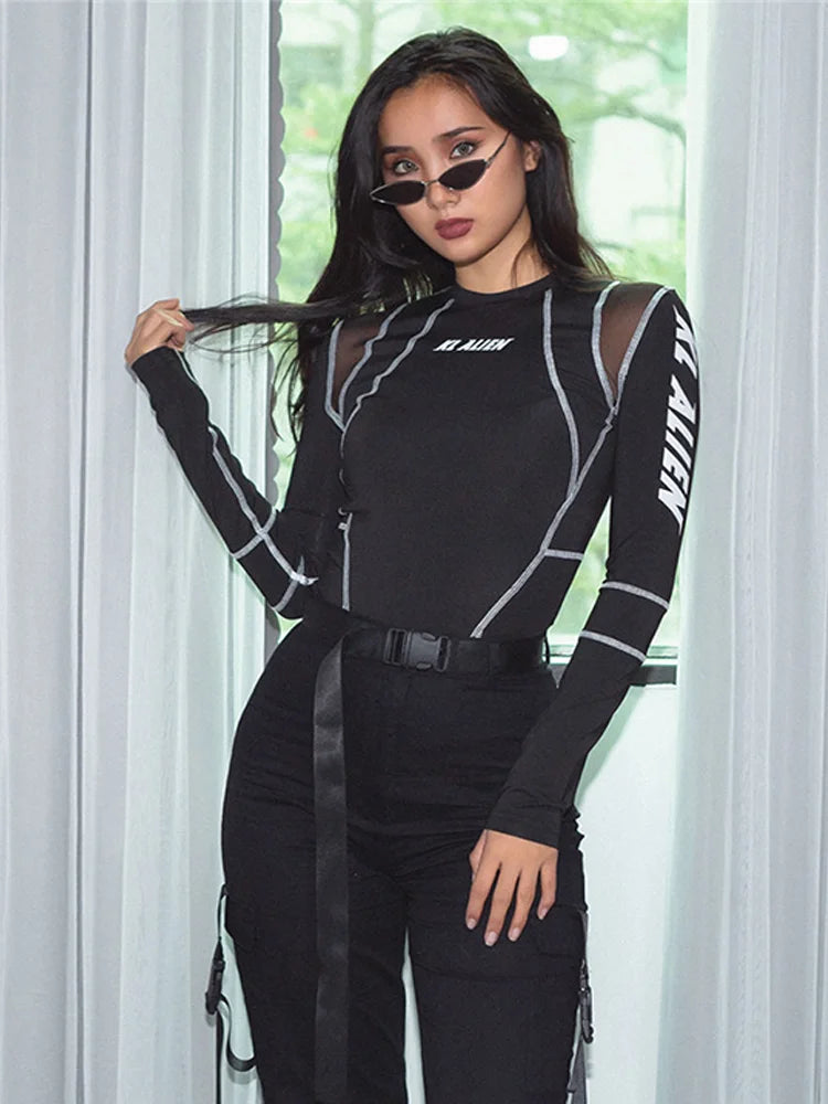 Sylcue Mesh Colorblock Half Turtleneck Bottoming Shirt Letter Print - APEX RITUAL women's t-shirts