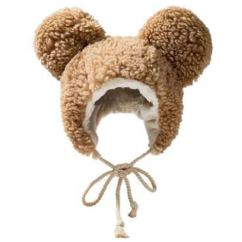 Women Winter Thicken Plush Warm Earflap Hat Cute Bear Ears Windproof Beanie Cap with drawstring Chin Strap