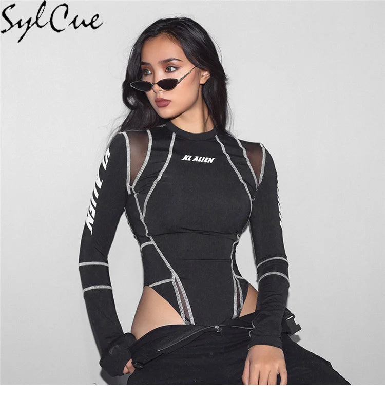 Sylcue Mesh Colorblock Half Turtleneck Bottoming Shirt Letter Print Topstitching Long Sleeve T-Shirt All-match One Piece Women