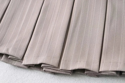 WOMENGAGA Women High Rise Pleated Striped Mini Skirt England Style Mini Skirt With Belt Loops korean women hot sexy 3HML