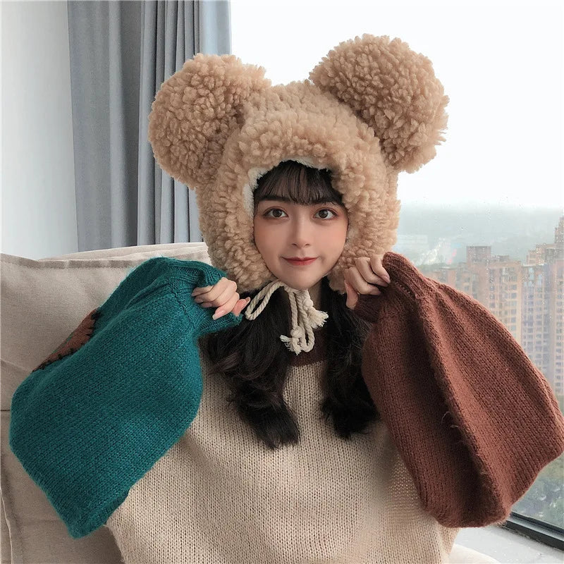 Women Winter Thicken Plush Warm Earflap Hat Cute Bear Ears Windproof Beanie Cap with drawstring Chin Strap