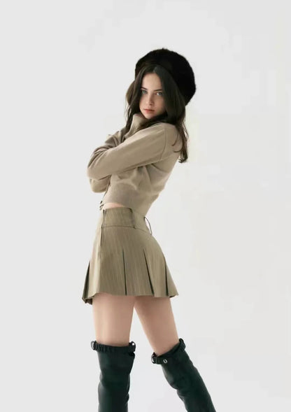 WOMENGAGA Women High Rise Pleated Striped Mini Skirt England Style Mini Skirt With Belt Loops korean women hot sexy 3HML