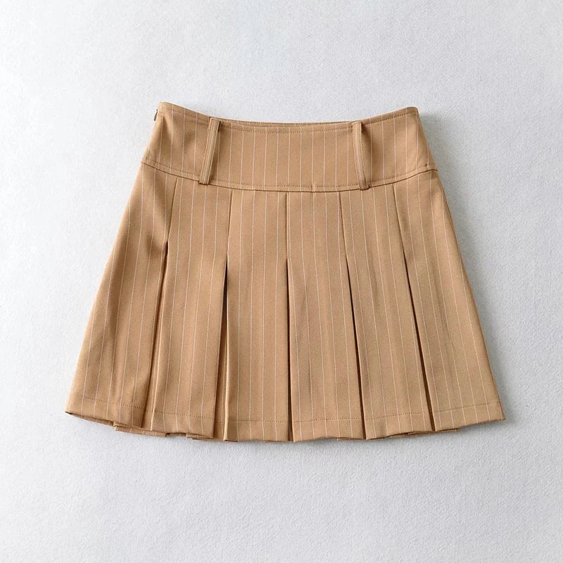 WOMENGAGA Women High Rise Pleated Striped Mini Skirt England Style Mini Skirt With Belt Loops korean women hot sexy 3HML