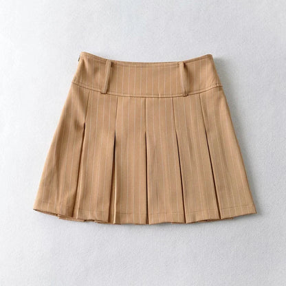 WOMENGAGA Women High Rise Pleated Striped Mini Skirt England Style Mini Skirt With Belt Loops korean women hot sexy 3HML