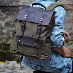 Men's outdoor shoulder casual student bag large capacity travel backpack canvas leather climbing bag