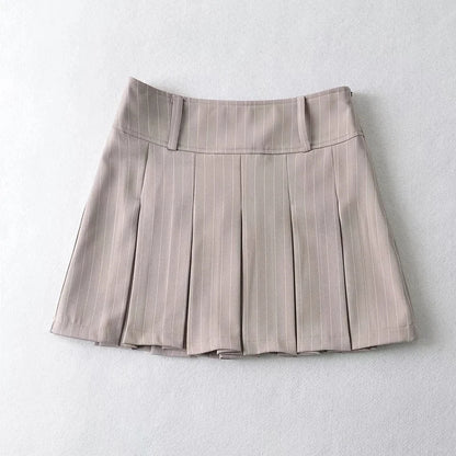 WOMENGAGA Women High Rise Pleated Striped Mini Skirt England Style Mini Skirt With Belt Loops korean women hot sexy 3HML