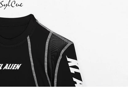 Sylcue Mesh Colorblock Half Turtleneck Bottoming Shirt Letter Print Topstitching Long Sleeve T-Shirt All-match One Piece Women