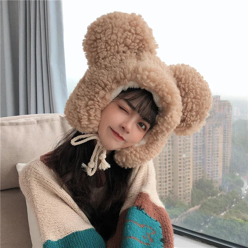 Women Winter Thicken Plush Warm Earflap Hat Cute Bear Ears Windproof Beanie Cap with drawstring Chin Strap