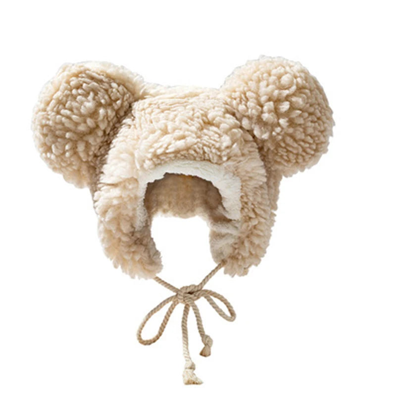 Women Winter Thicken Plush Warm Earflap Hat Cute Bear Ears Windproof Beanie Cap with drawstring Chin Strap