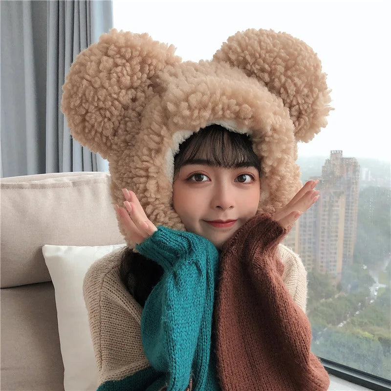 Women Winter Thicken Plush Warm Earflap Hat Cute Bear Ears Windproof Beanie Cap with drawstring Chin Strap