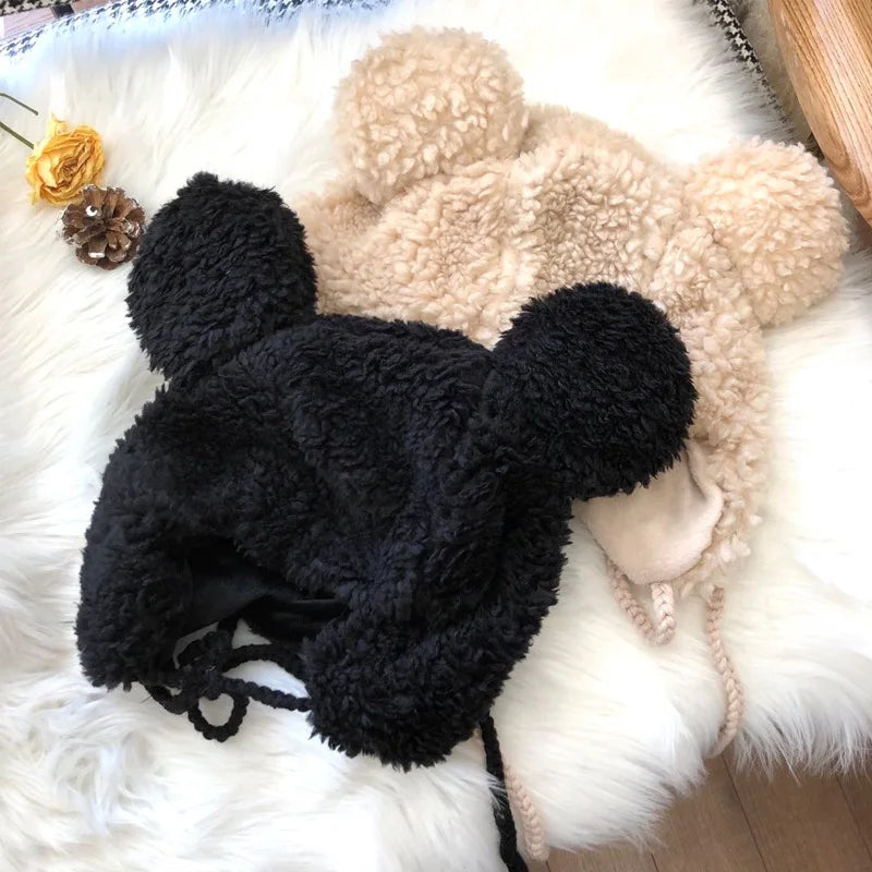 Women Winter Thicken Plush Warm Earflap Hat Cute Bear Ears Windproof Beanie Cap with drawstring Chin Strap