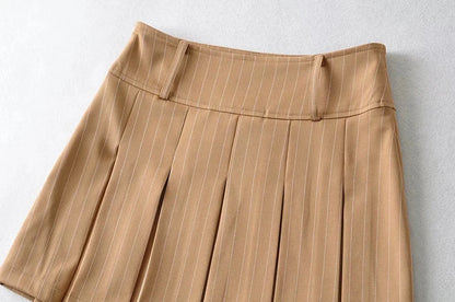 WOMENGAGA Women High Rise Pleated Striped Mini Skirt England Style Mini Skirt With Belt Loops korean women hot sexy 3HML