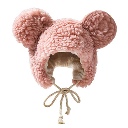 Women Winter Thicken Plush Warm Earflap Hat Cute Bear Ears Windproof Beanie Cap with drawstring Chin Strap