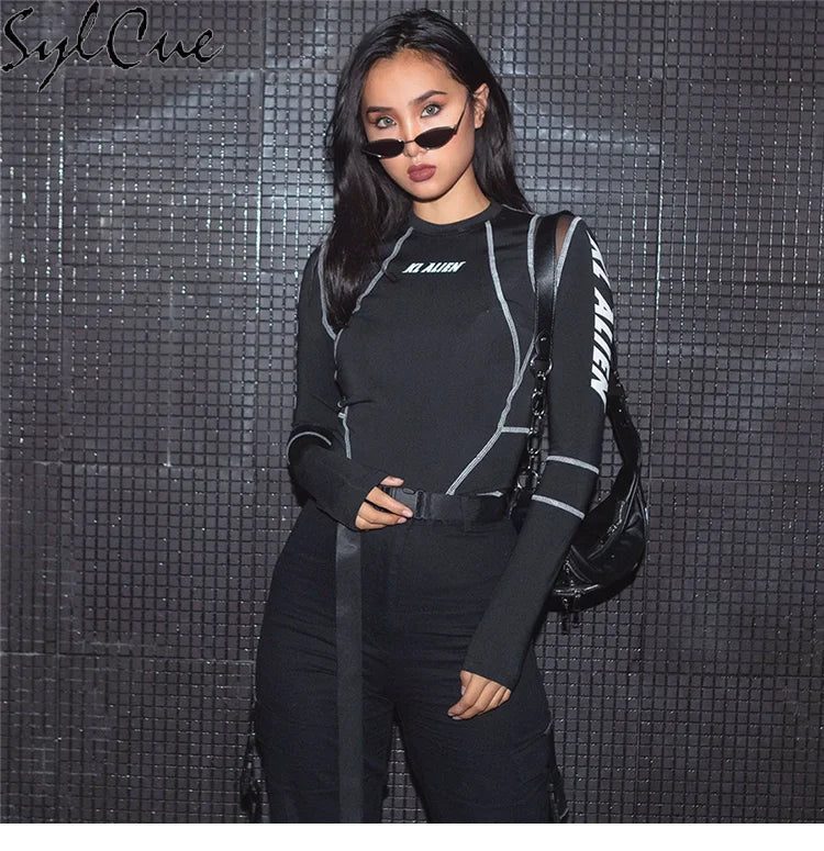 Sylcue Mesh Colorblock Half Turtleneck Bottoming Shirt Letter Print Topstitching Long Sleeve T-Shirt All-match One Piece Women