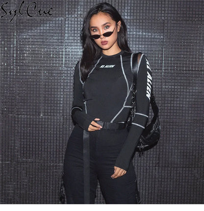 Sylcue Mesh Colorblock Half Turtleneck Bottoming Shirt Letter Print Topstitching Long Sleeve T-Shirt All-match One Piece Women
