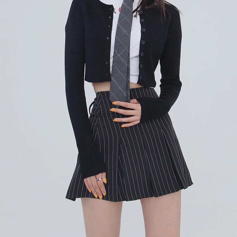WOMENGAGA Women High Rise Pleated Striped Mini Skirt England Style Mini Skirt With Belt Loops korean women hot sexy 3HML
