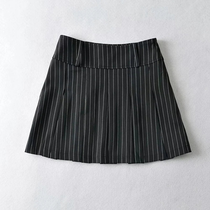WOMENGAGA Women High Rise Pleated Striped Mini Skirt England Style Mini Skirt With Belt Loops korean women hot sexy 3HML