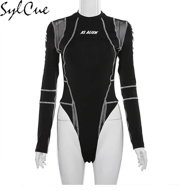 Sylcue Mesh Colorblock Half Turtleneck Bottoming Shirt Letter Print Topstitching Long Sleeve T-Shirt All-match One Piece Women