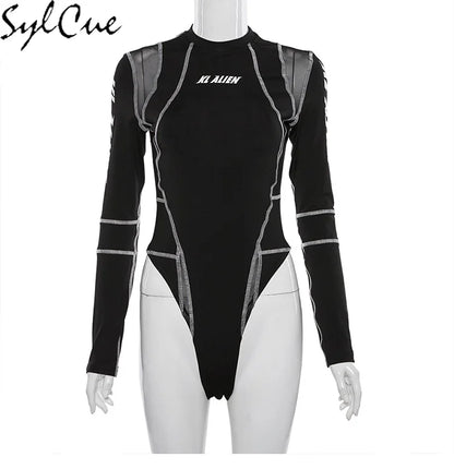 Sylcue Mesh Colorblock Half Turtleneck Bottoming Shirt Letter Print Topstitching Long Sleeve T-Shirt All-match One Piece Women