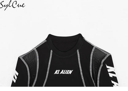 Sylcue Mesh Colorblock Half Turtleneck Bottoming Shirt Letter Print Topstitching Long Sleeve T-Shirt All-match One Piece Women