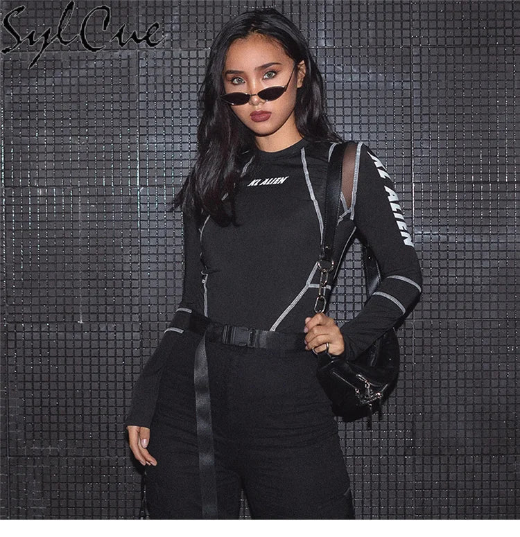 Sylcue Mesh Colorblock Half Turtleneck Bottoming Shirt Letter Print Topstitching Long Sleeve T-Shirt All-match One Piece Women