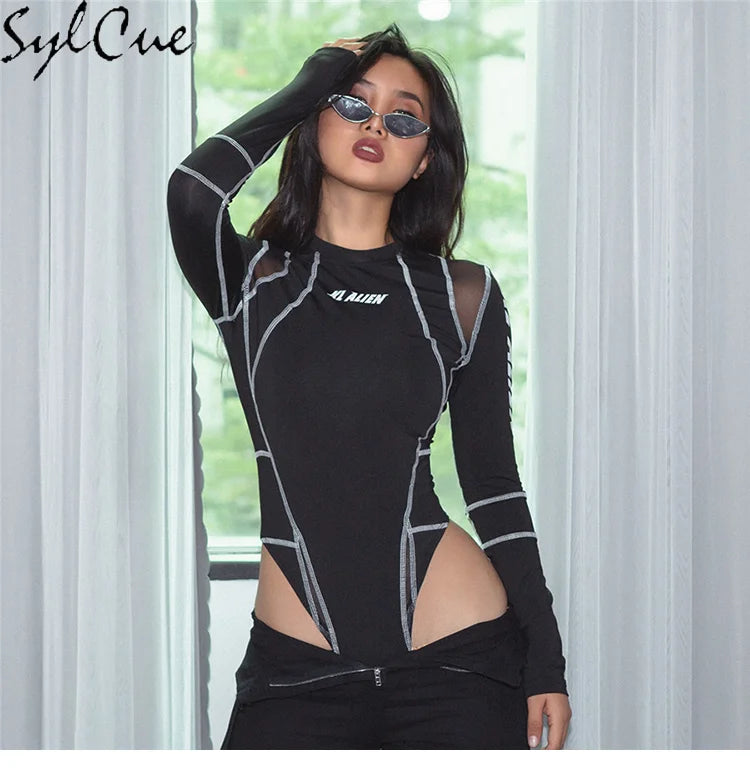 Sylcue Mesh Colorblock Half Turtleneck Bottoming Shirt Letter Print Topstitching Long Sleeve T-Shirt All-match One Piece Women