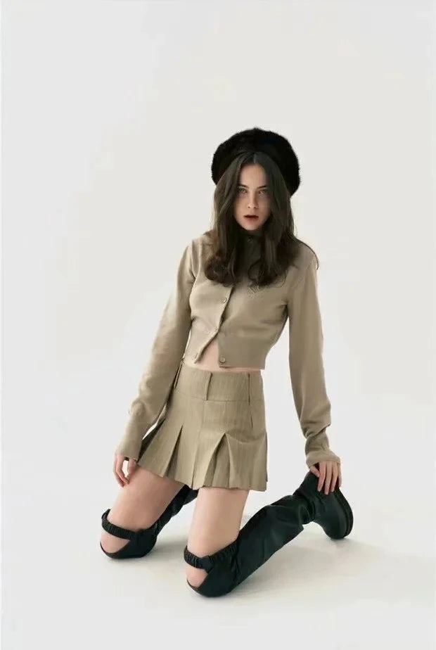 WOMENGAGA Women High Rise Pleated Striped Mini Skirt England Style Mini Skirt With Belt Loops korean women hot sexy 3HML