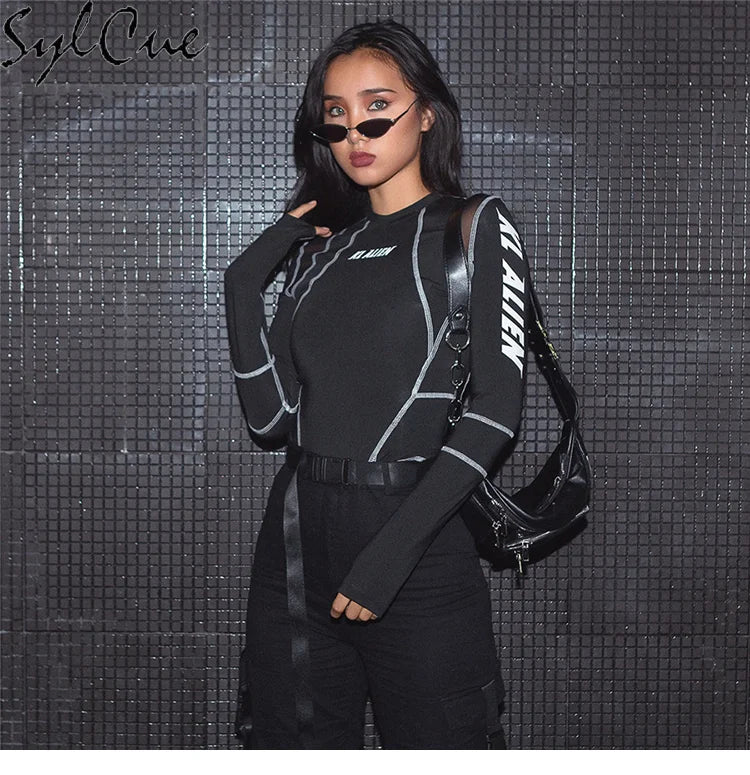 Sylcue Mesh Colorblock Half Turtleneck Bottoming Shirt Letter Print Topstitching Long Sleeve T-Shirt All-match One Piece Women