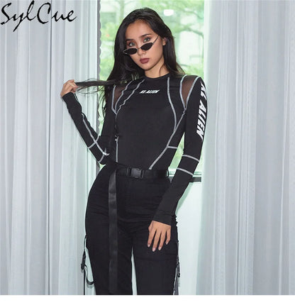 Sylcue Mesh Colorblock Half Turtleneck Bottoming Shirt Letter Print Topstitching Long Sleeve T-Shirt All-match One Piece Women