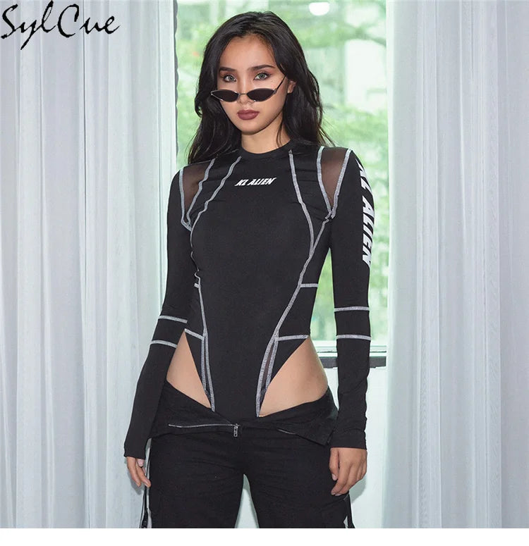 Sylcue Mesh Colorblock Half Turtleneck Bottoming Shirt Letter Print Topstitching Long Sleeve T-Shirt All-match One Piece Women