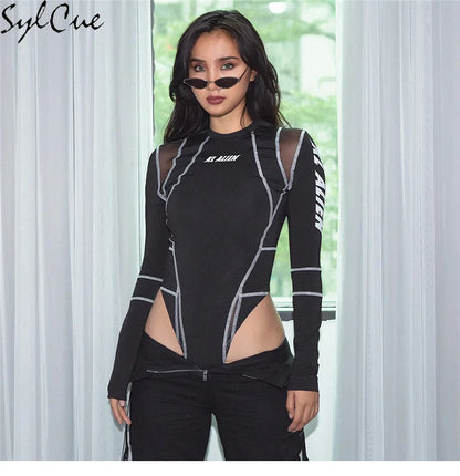 Sylcue Mesh Colorblock Half Turtleneck Bottoming Shirt Letter Print Topstitching Long Sleeve T-Shirt All-match One Piece Women