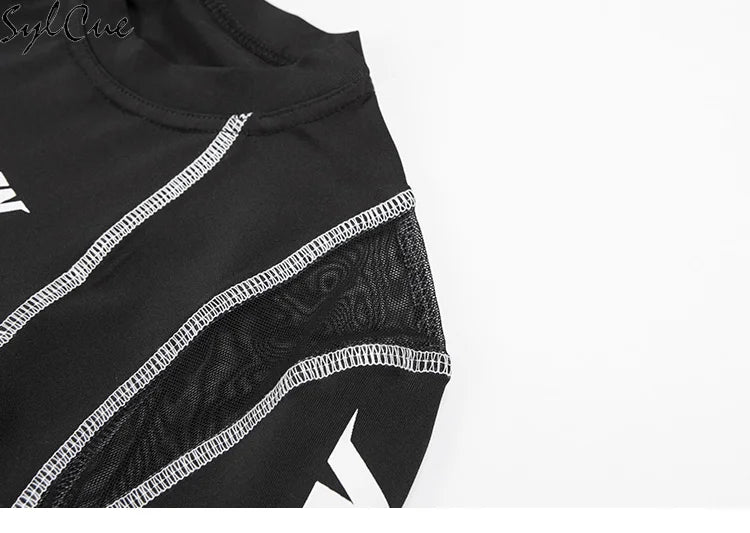 Sylcue Mesh Colorblock Half Turtleneck Bottoming Shirt Letter Print Topstitching Long Sleeve T-Shirt All-match One Piece Women