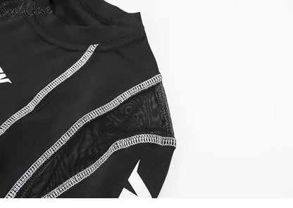 Sylcue Mesh Colorblock Half Turtleneck Bottoming Shirt Letter Print Topstitching Long Sleeve T-Shirt All-match One Piece Women