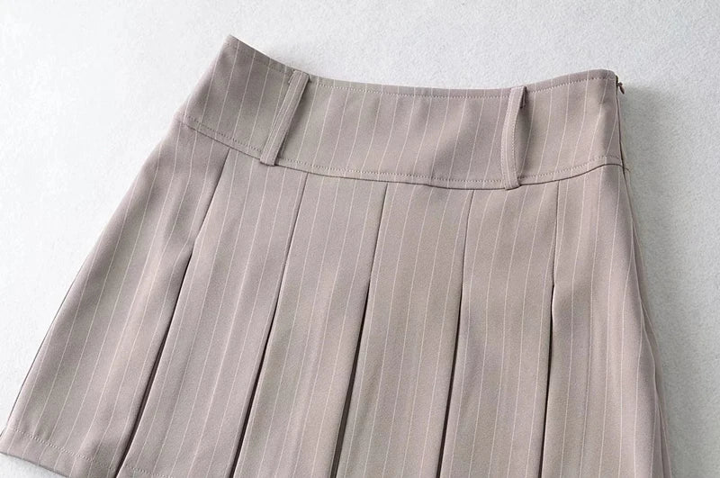 WOMENGAGA Women High Rise Pleated Striped Mini Skirt England Style Mini Skirt With Belt Loops korean women hot sexy 3HML